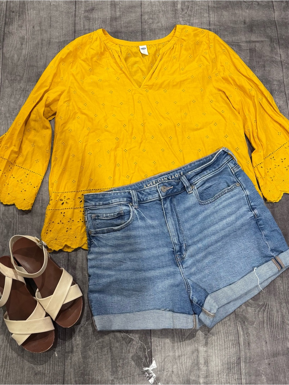 Old Navy Women's Yellow Eyelet Peasant Top